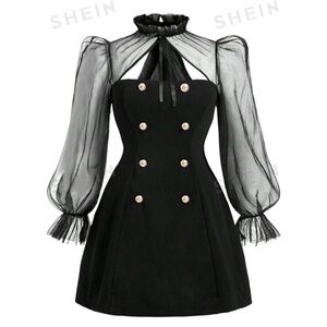 Mod Gothic TTPD inspired button dress w/ sheer puff sleeves tie neck size medium
